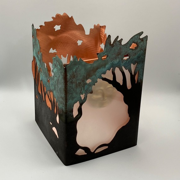 Vintage 1994 Copper Candle Shade / Grace Gunning / Tree Design Patina Glass Face - Picture 1 of 14